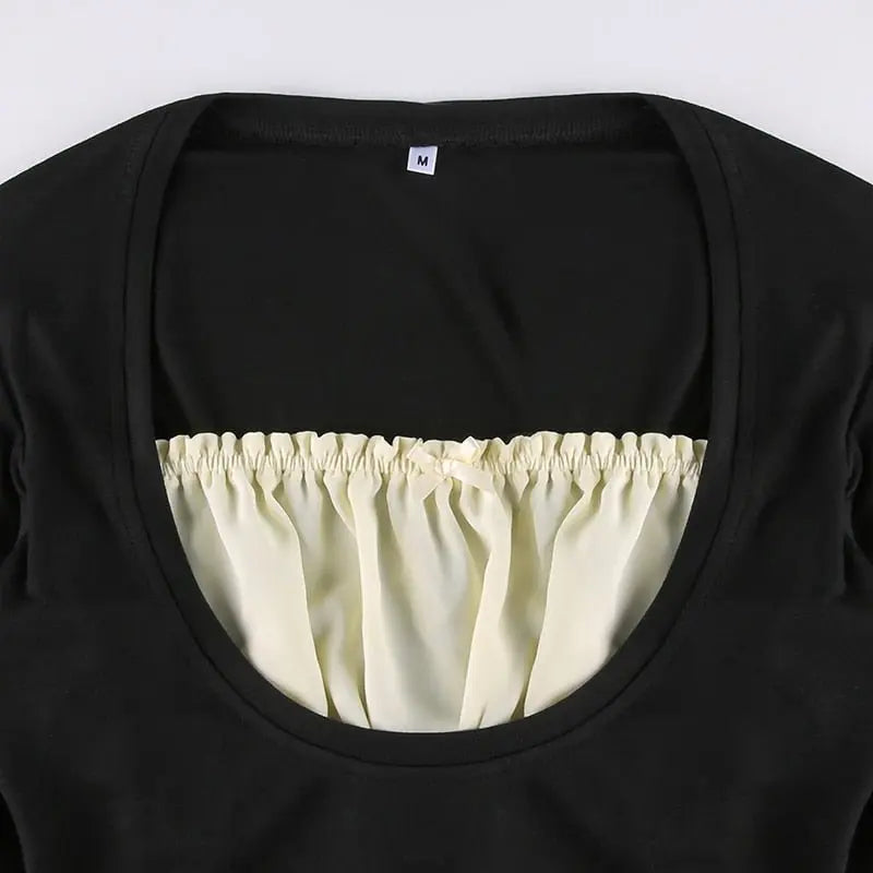 Patchwork Slim Tops Tee Long Sleeves Square Collar Retro Casual Tshirts - Blade & Thread