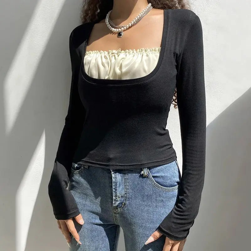 Patchwork Slim Tops Tee Long Sleeves Square Collar Retro Casual Tshirts - Blade & Thread