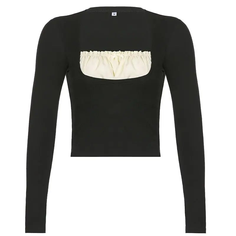 Patchwork Slim Tops Tee Long Sleeves Square Collar Retro Casual Tshirts - Blade & Thread