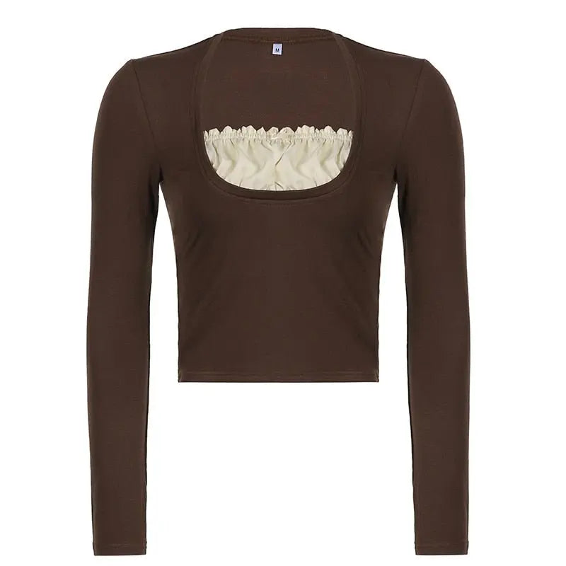 Patchwork Slim Tops Tee Long Sleeves Square Collar Retro Casual Tshirts - Blade & Thread