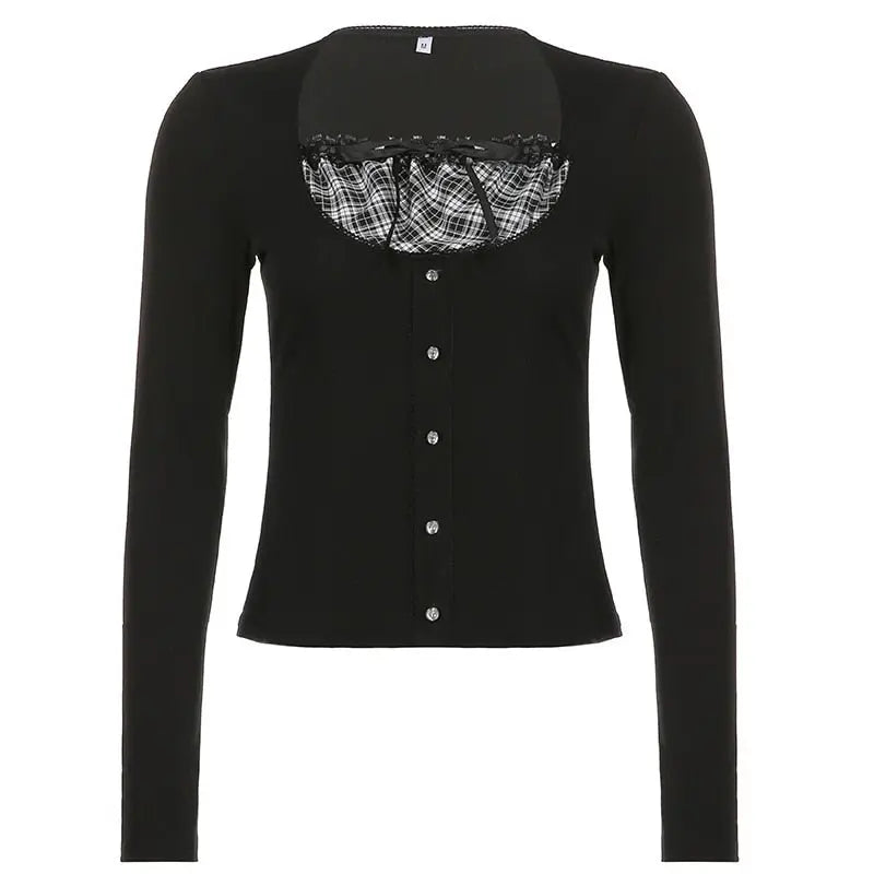 Patchwork Slim Tops Tee Long Sleeves Square Collar Retro Casual Tshirts - Blade & Thread