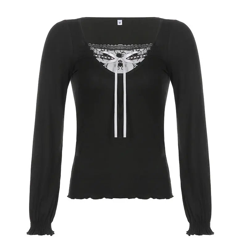 Patchwork Slim Tops Tee Long Sleeves Square Collar Retro Casual Tshirts - Blade & Thread