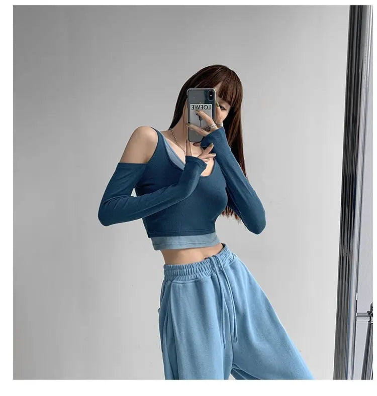 Patchwork Women's T-shirt Fake Two-piece Slim Long Sleeve Y2K Crop Tops Woman - Blade & Thread