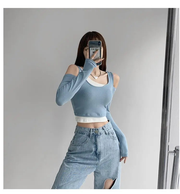 Patchwork Women's T-shirt Fake Two-piece Slim Long Sleeve Y2K Crop Tops Woman - Blade & Thread