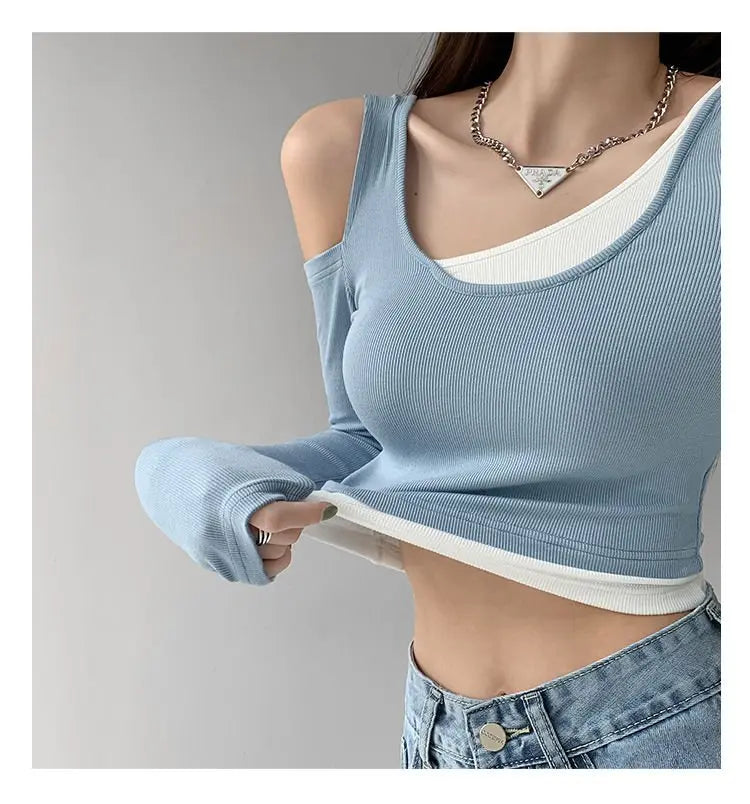 Patchwork Women's T-shirt Fake Two-piece Slim Long Sleeve Y2K Crop Tops Woman - Blade & Thread