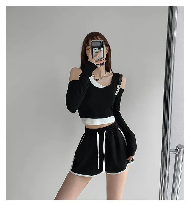 Patchwork Women's T-shirt Fake Two-piece Slim Long Sleeve Y2K Crop Tops Woman - Blade & Thread