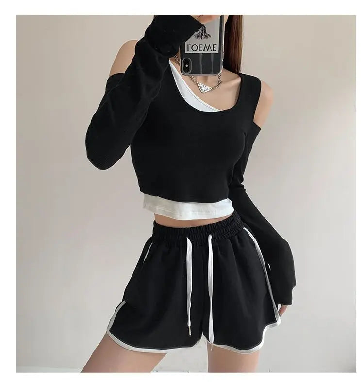 Patchwork Women's T-shirt Fake Two-piece Slim Long Sleeve Y2K Crop Tops Woman - Blade & Thread