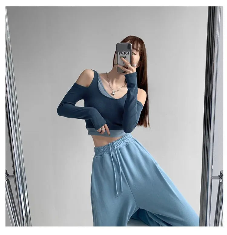 Patchwork Women's T-shirt Fake Two-piece Slim Long Sleeve Y2K Crop Tops Woman - Blade & Thread