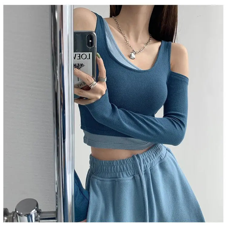 Patchwork Women's T-shirt Fake Two-piece Slim Long Sleeve Y2K Crop Tops Woman - Blade & Thread
