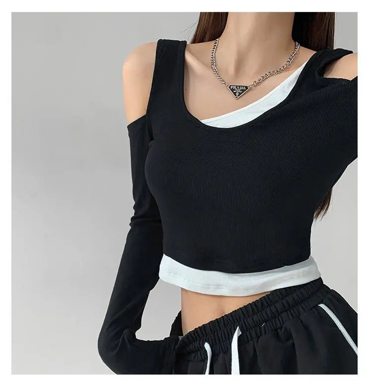 Patchwork Women's T-shirt Fake Two-piece Slim Long Sleeve Y2K Crop Tops Woman - Blade & Thread