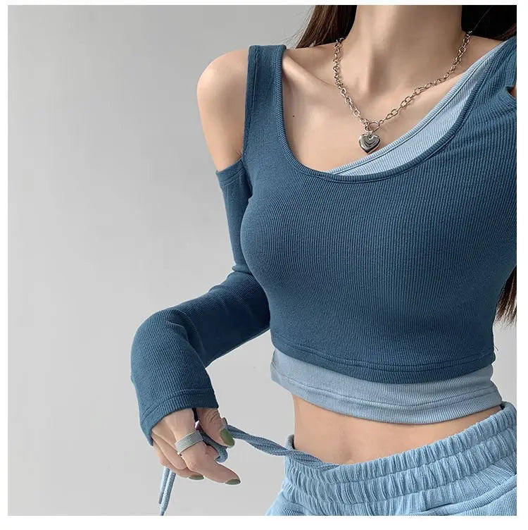 Patchwork Women's T-shirt Fake Two-piece Slim Long Sleeve Y2K Crop Tops Woman - Blade & Thread