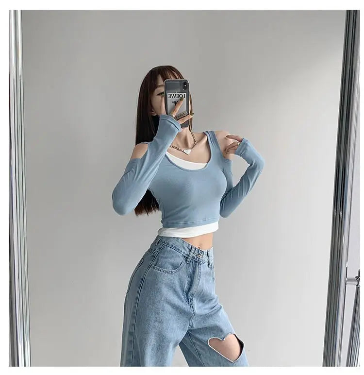 Patchwork Women's T-shirt Fake Two-piece Slim Long Sleeve Y2K Crop Tops Woman - Blade & Thread