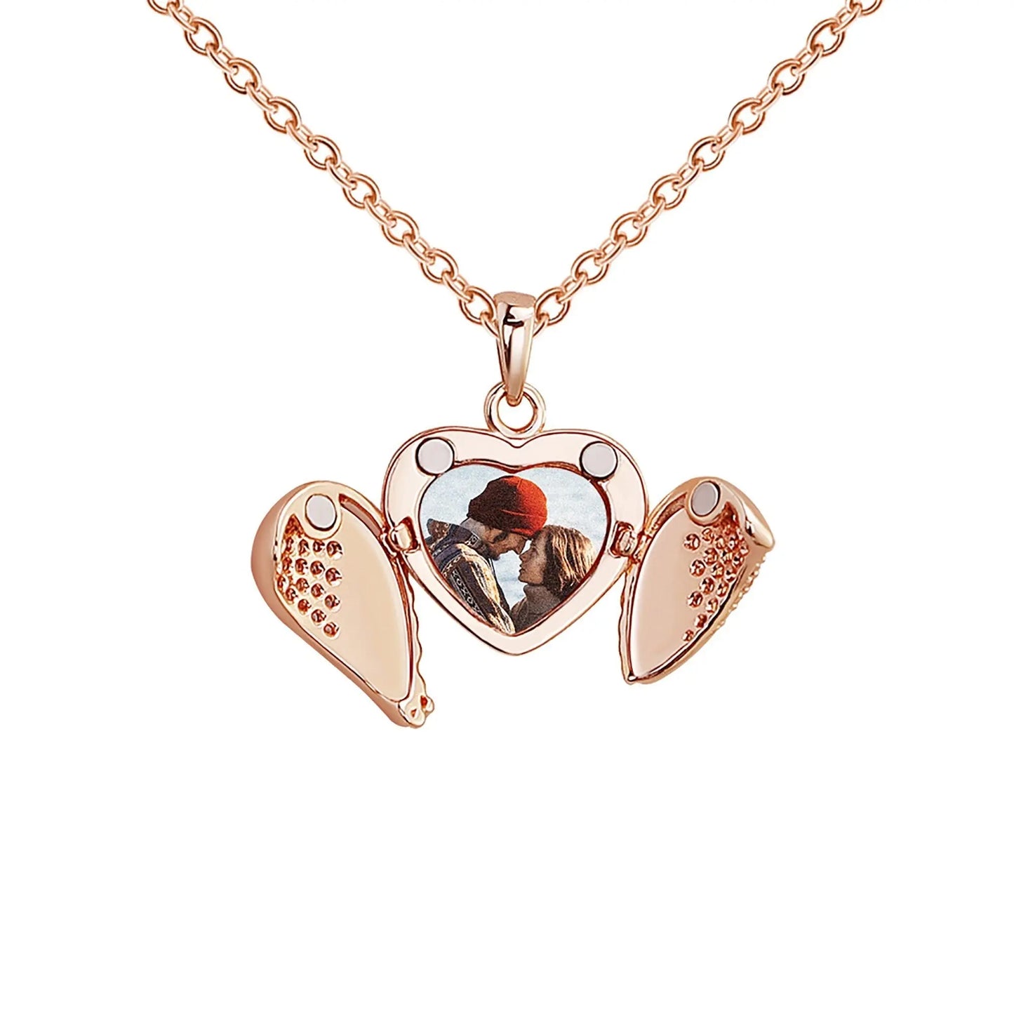 Personalize Heart Locket Necklace Plated Rose Gold Silver Color Angel Wing Shape Custom Photo Pendant - Blade & Thread