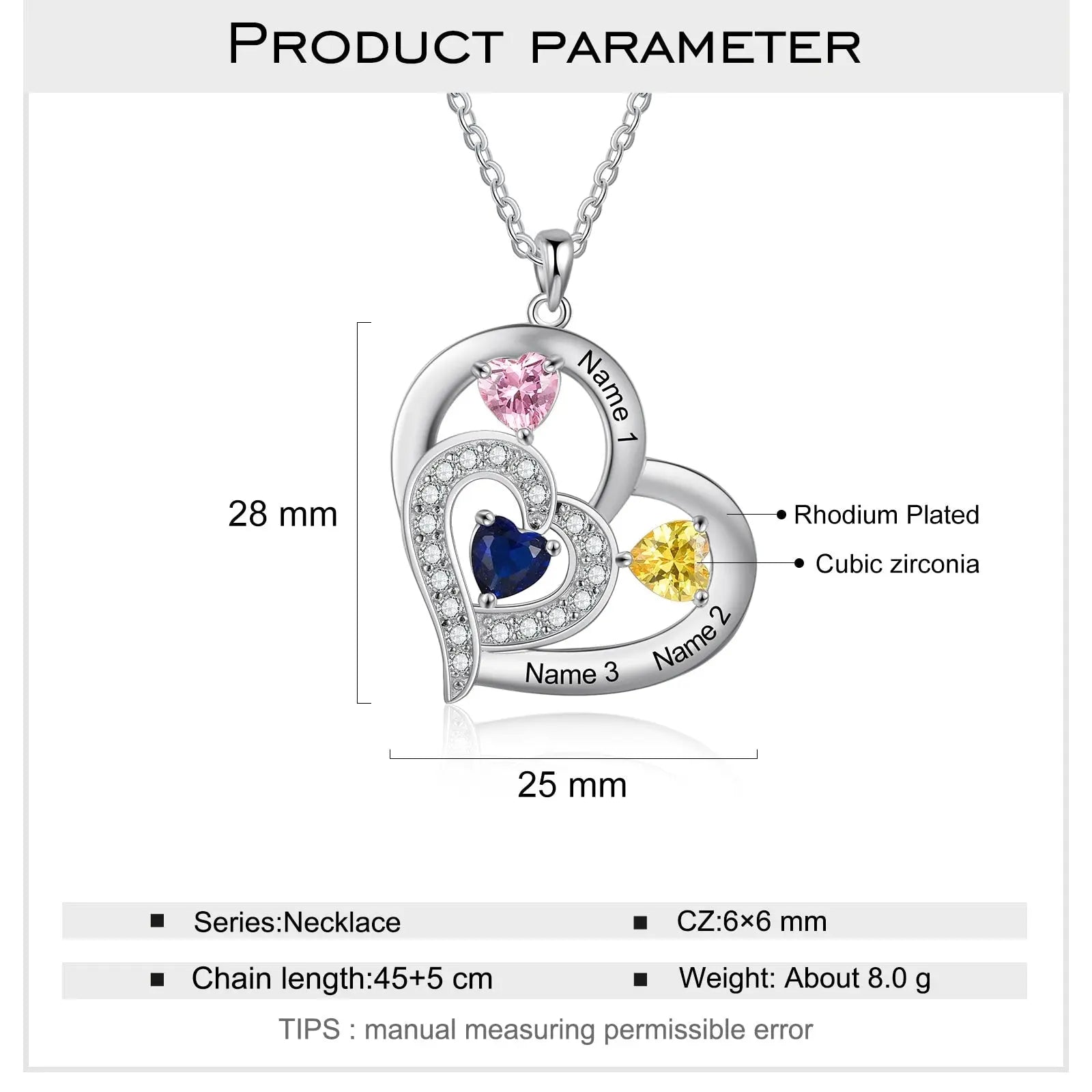 Personalized 1-6 Name Engraving Heart Pendant DIY Birthstone Necklace - Blade & Thread