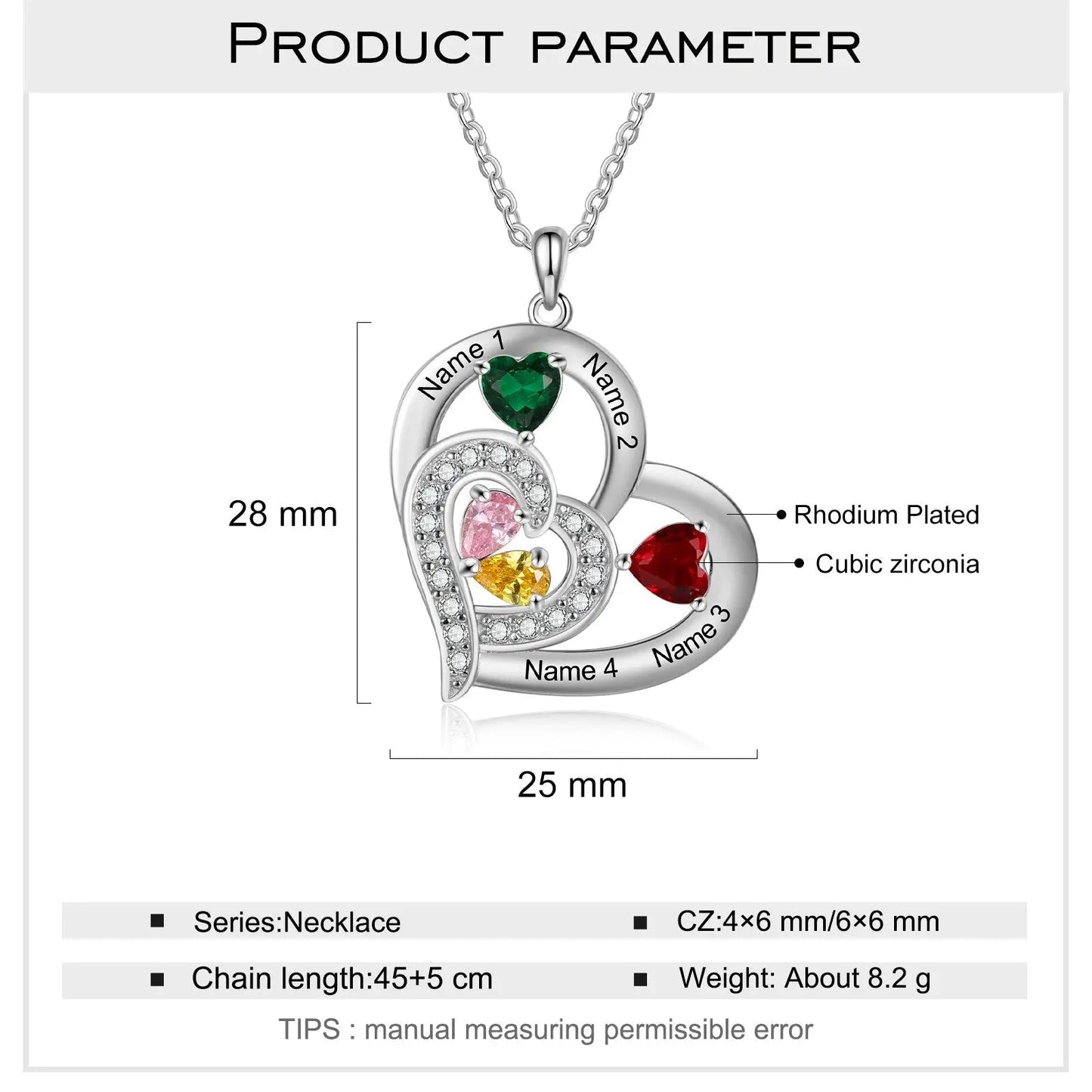 Personalized 1-6 Name Engraving Heart Pendant DIY Birthstone Necklace - Blade & Thread