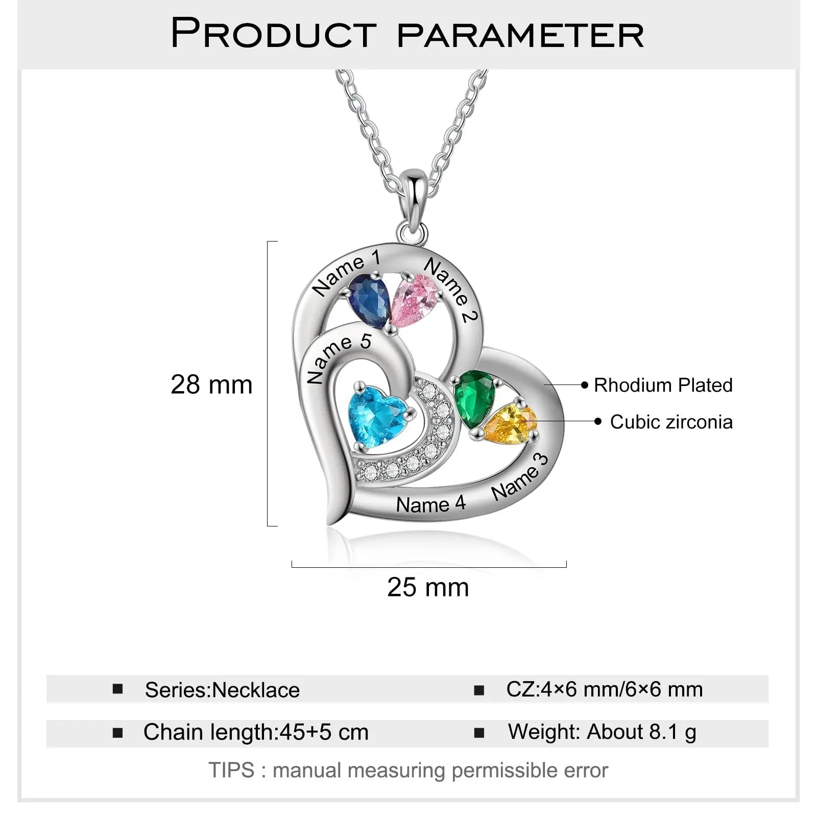 Personalized 1-6 Name Engraving Heart Pendant DIY Birthstone Necklace - Blade & Thread