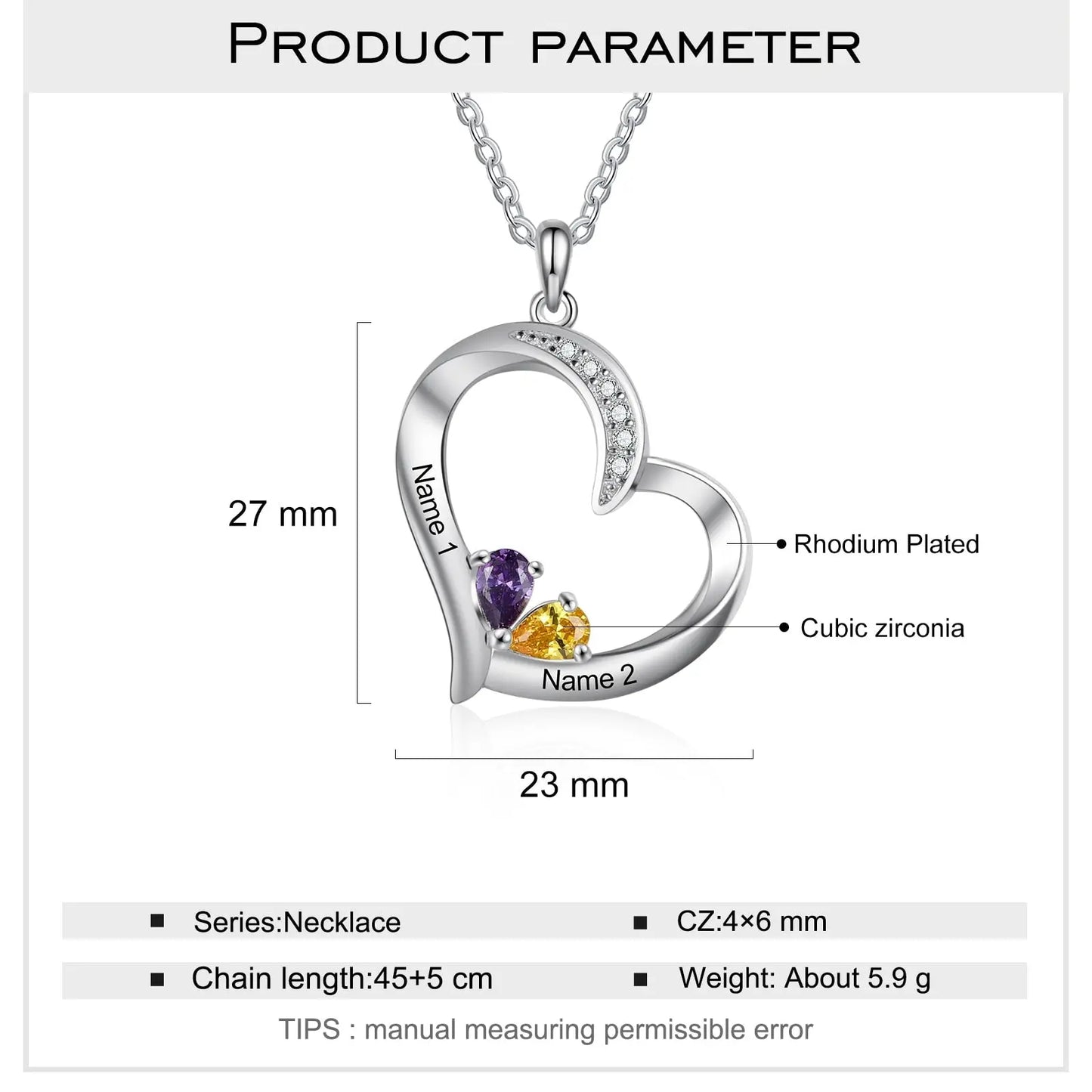 Personalized 1-6 Name Engraving Heart Pendant DIY Birthstone Necklace - Blade & Thread