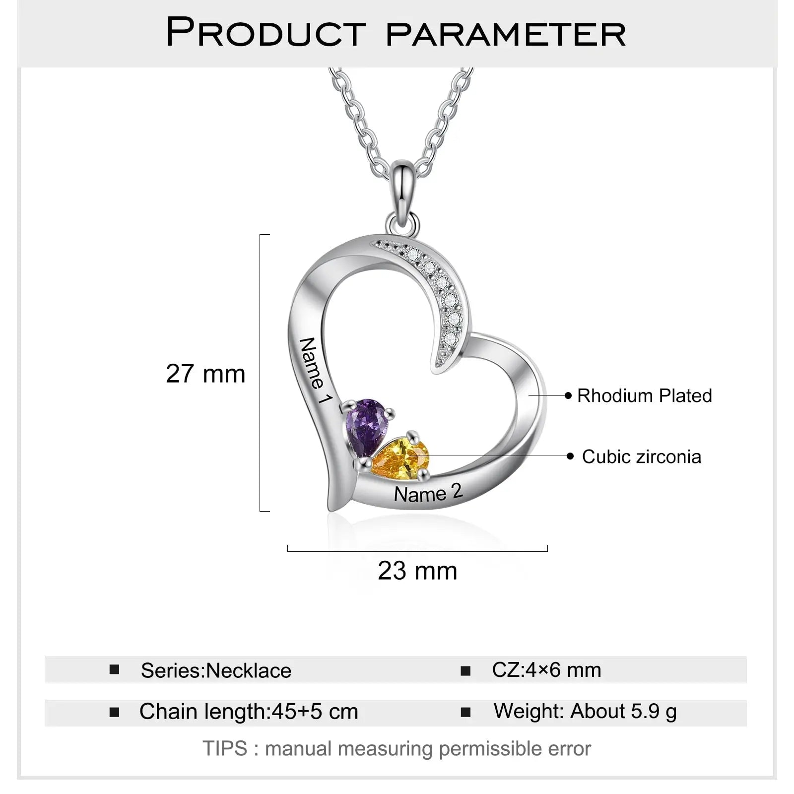 Personalized 1-6 Name Engraving Heart Pendant DIY Birthstone Necklace - Blade & Thread