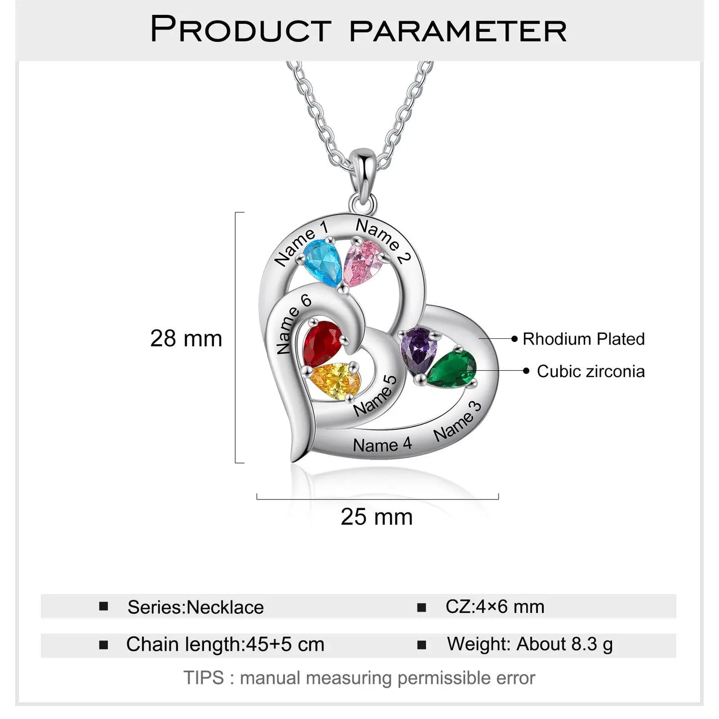 Personalized 1-6 Name Engraving Heart Pendant DIY Birthstone Necklace - Blade & Thread