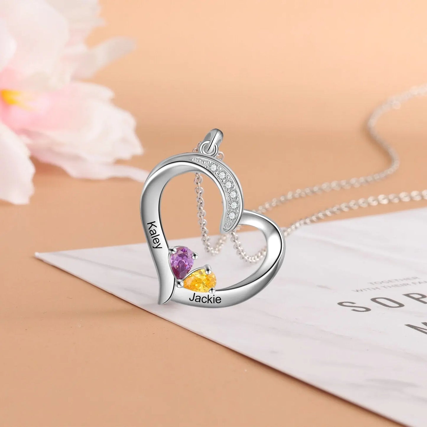 Personalized 1-6 Name Engraving Heart Pendant DIY Birthstone Necklace - Blade & Thread
