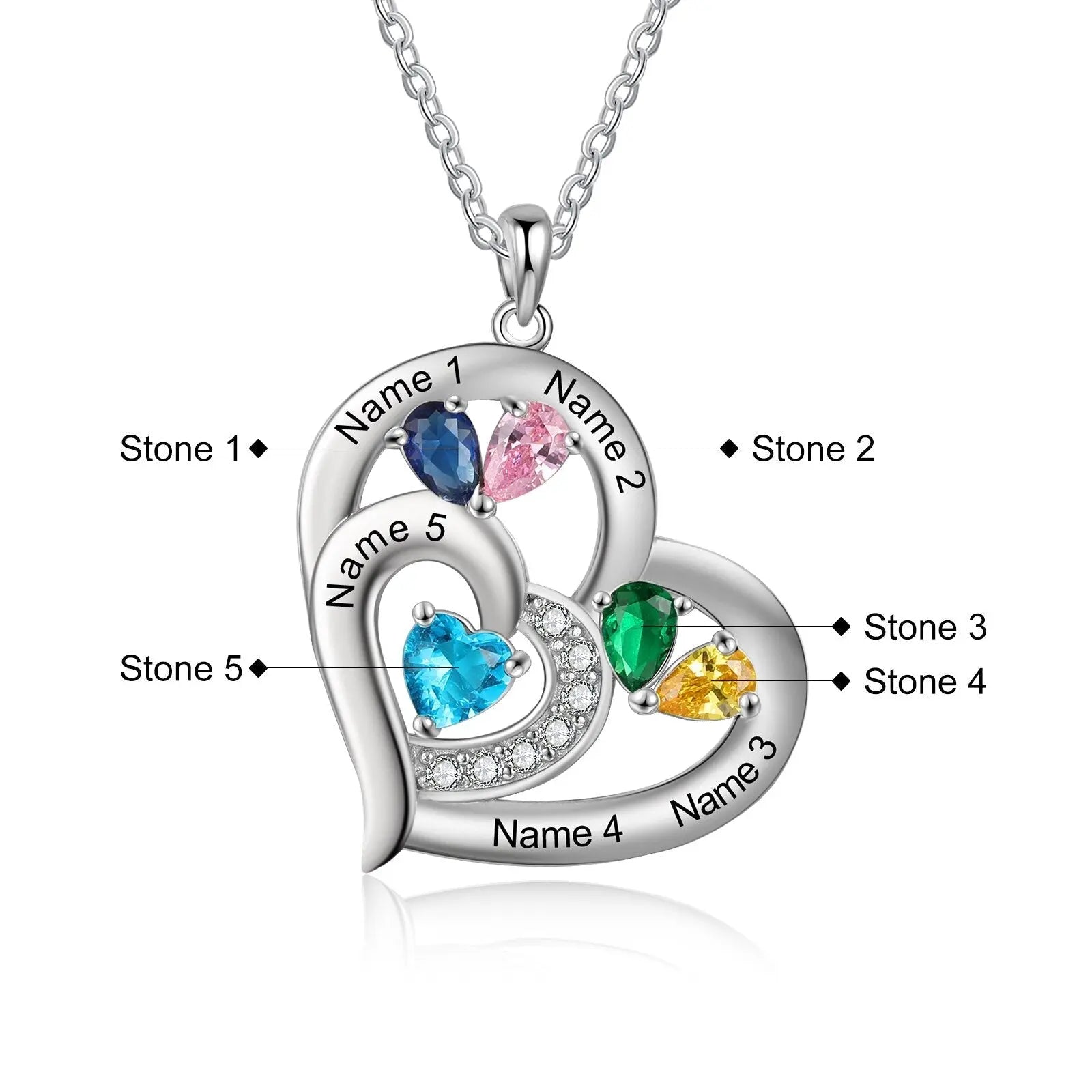 Personalized 1-6 Name Engraving Heart Pendant DIY Birthstone Necklace - Blade & Thread