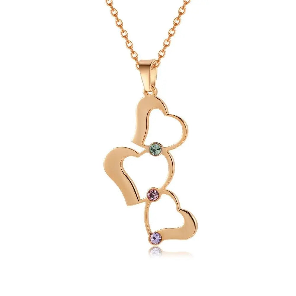 Personalized 3 Love Heart Hollow Design Birthstone Engrave Name Necklace Pendant - Blade & Thread