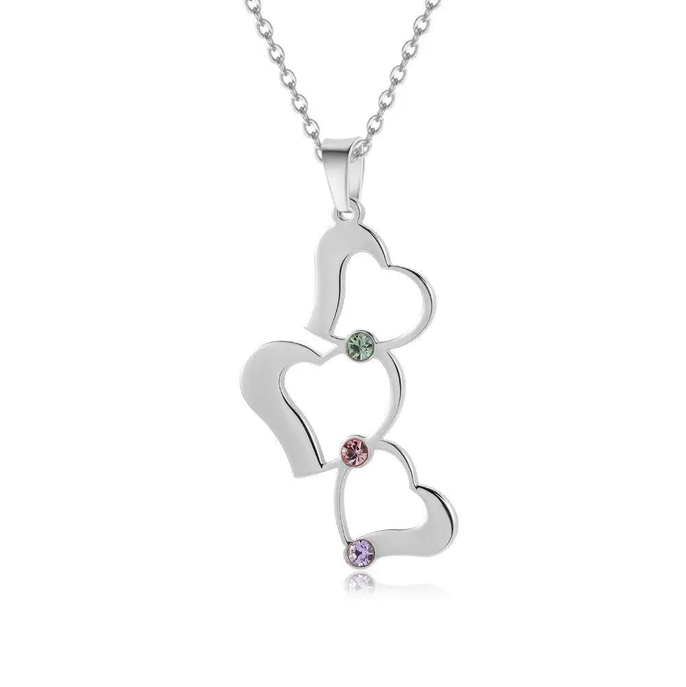 Personalized 3 Love Heart Hollow Design Birthstone Engrave Name Necklace Pendant - Blade & Thread