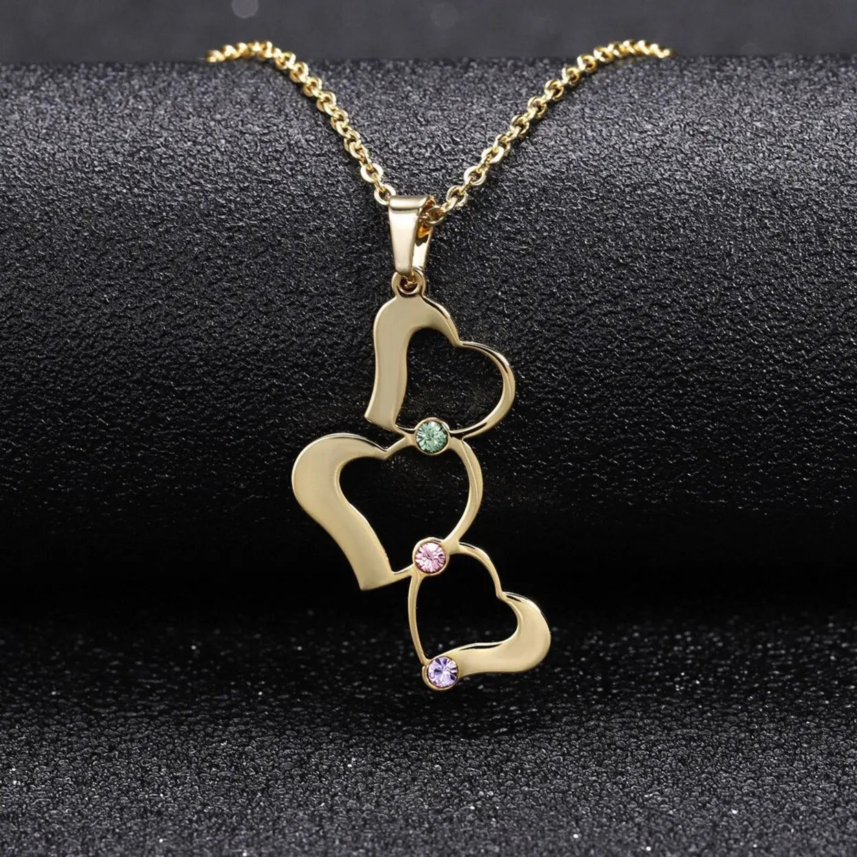 Personalized 3 Love Heart Hollow Design Birthstone Engrave Name Necklace Pendant - Blade & Thread