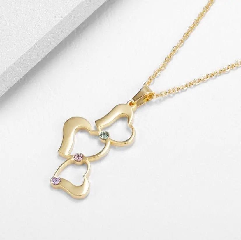 Personalized 3 Love Heart Hollow Design Birthstone Engrave Name Necklace Pendant - Blade & Thread