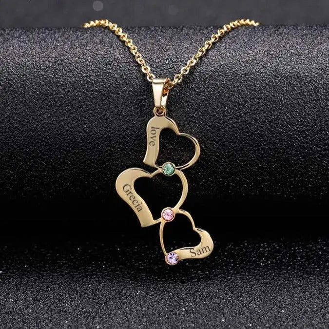 Personalized 3 Love Heart Hollow Design Birthstone Engrave Name Necklace Pendant - Blade & Thread