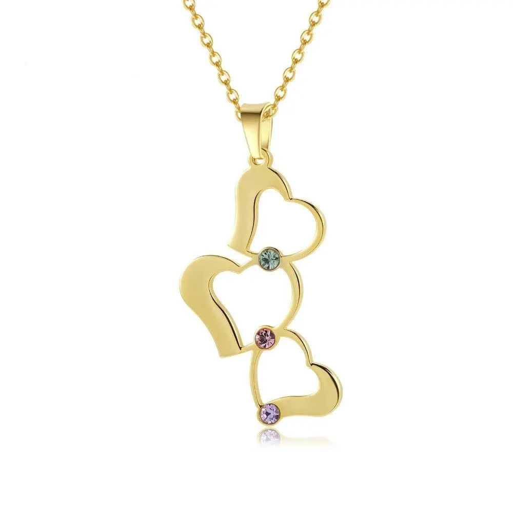 Personalized 3 Love Heart Hollow Design Birthstone Engrave Name Necklace Pendant - Blade & Thread