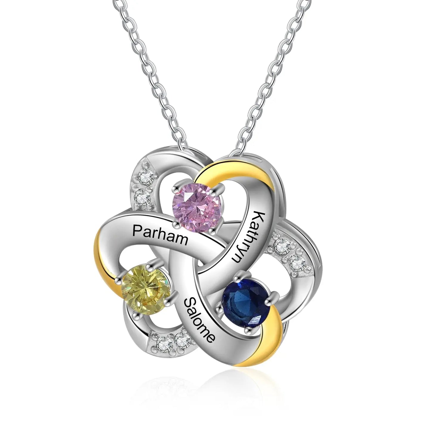 Personalized 3 Names Necklace Birthstone Engraved Flower Pendants - Blade & Thread