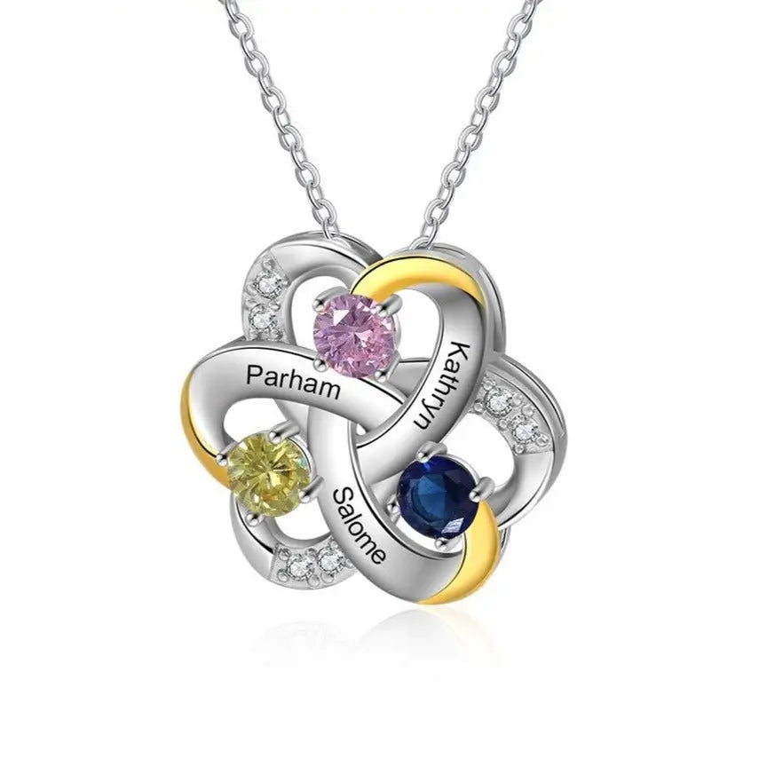 Personalized 3 Names Necklace Birthstone Engraved Flower Pendants - Blade & Thread