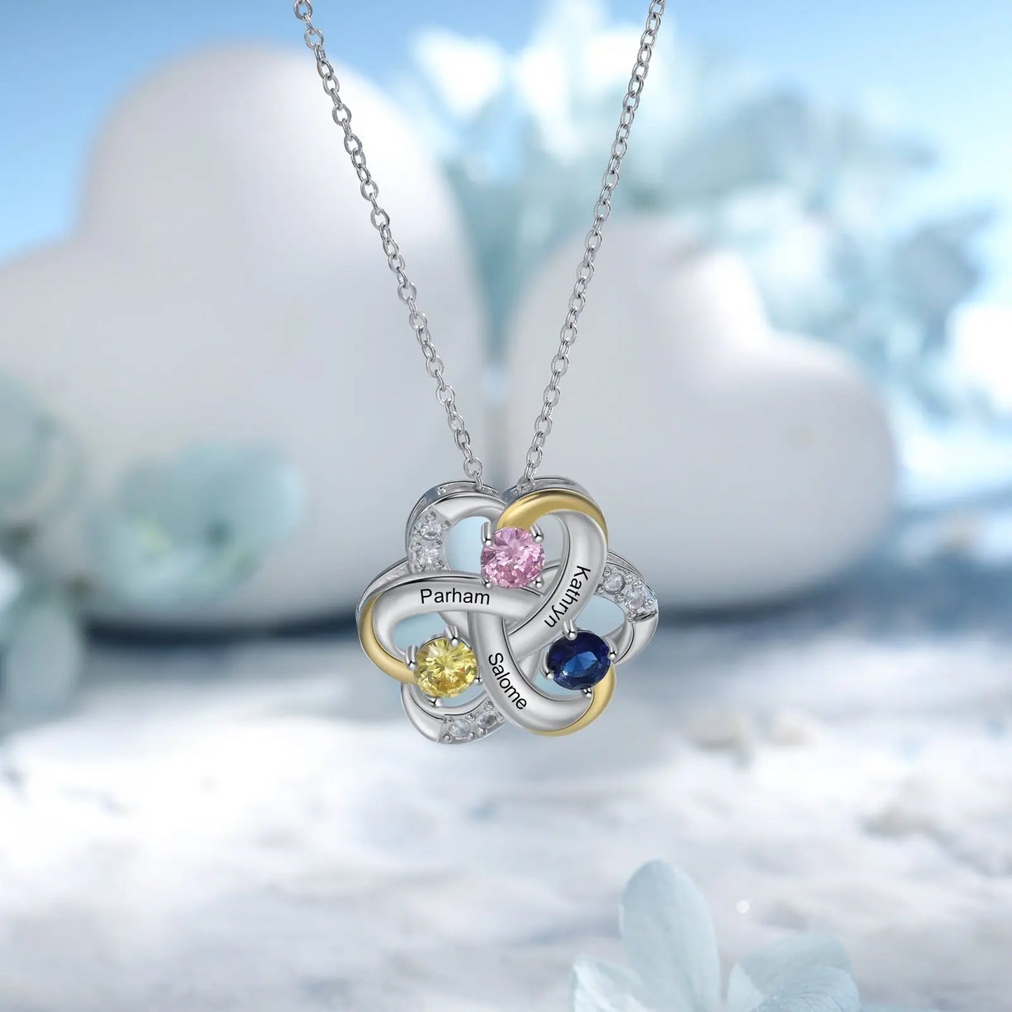 Personalized 3 Names Necklace Birthstone Engraved Flower Pendants - Blade & Thread