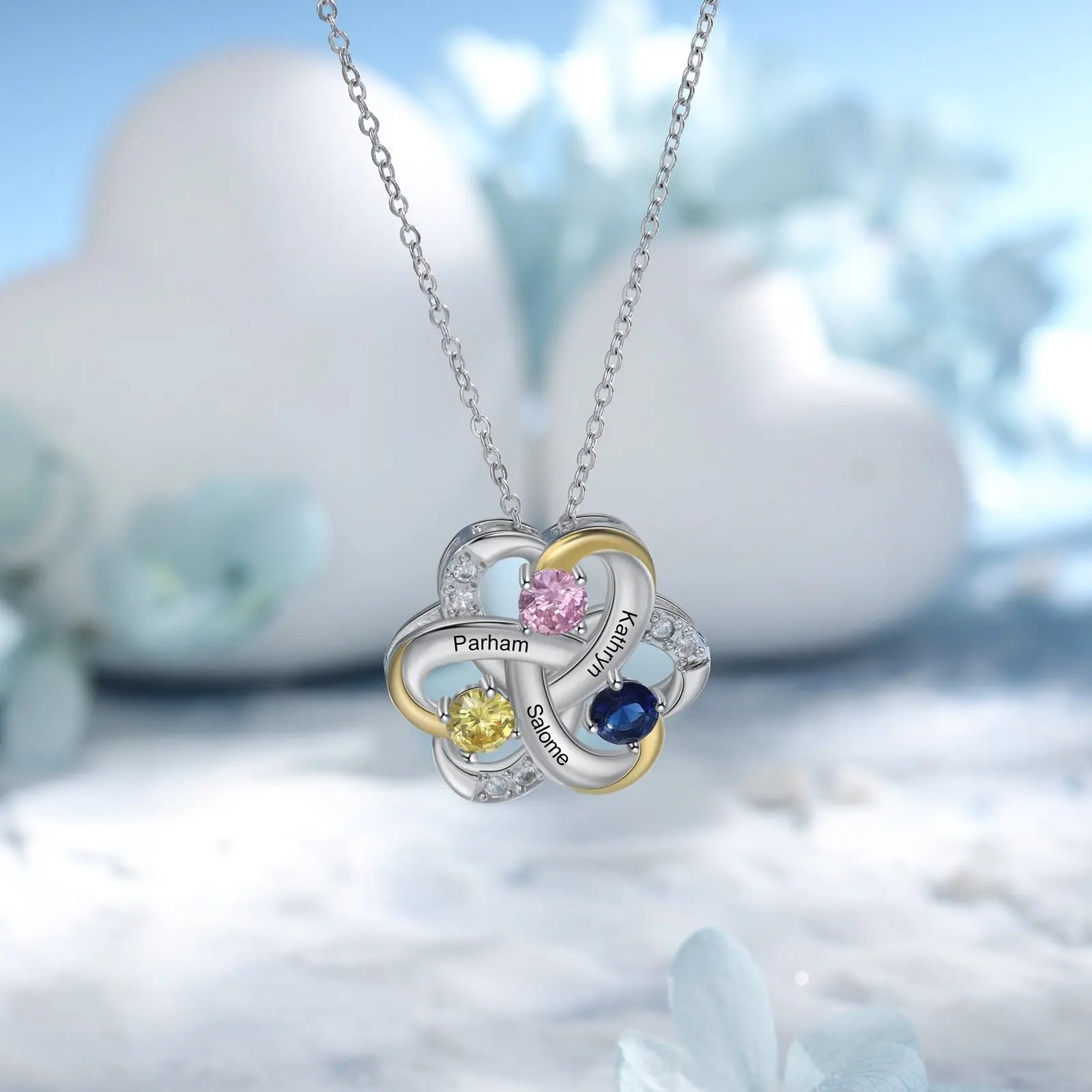 Personalized 3 Names Necklace Birthstone Engraved Flower Pendants - Blade & Thread