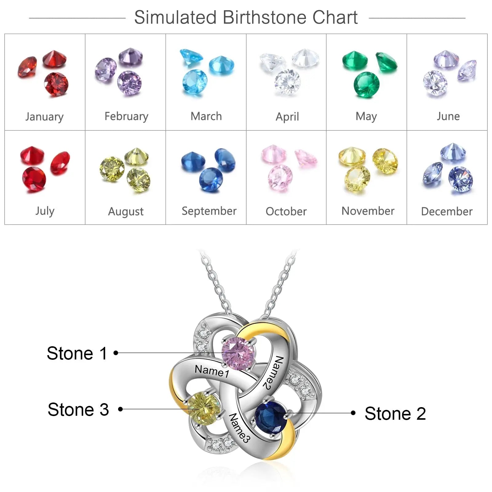 Personalized 3 Names Necklace Birthstone Engraved Flower Pendants - Blade & Thread