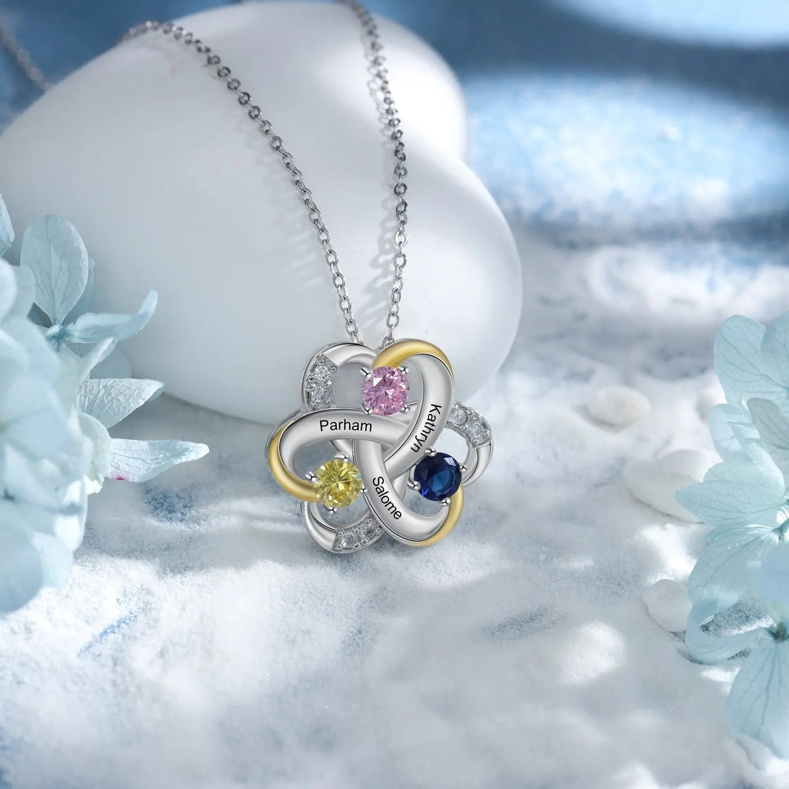 Personalized 3 Names Necklace Birthstone Engraved Flower Pendants - Blade & Thread