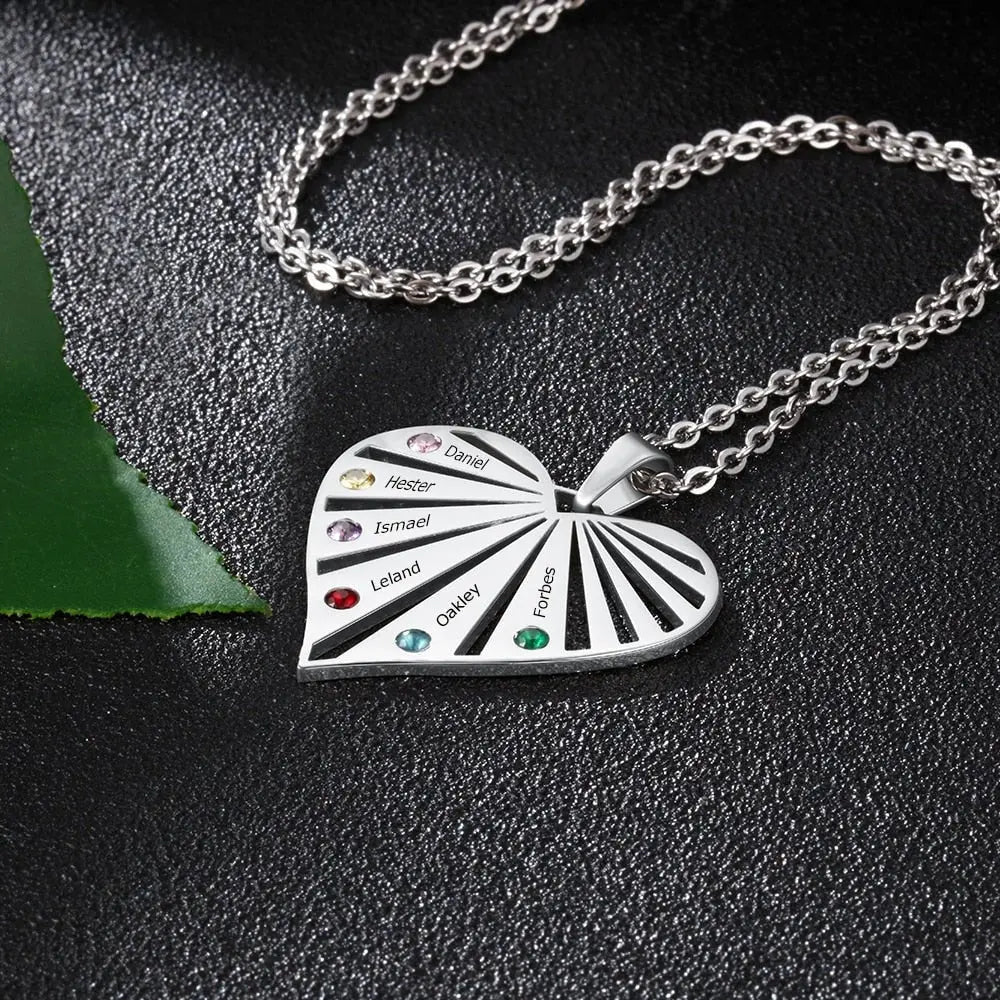 Personalized 6 Birthstones Necklaces for Women Custom Name Heart Stainless Steel Pendant - Blade & Thread