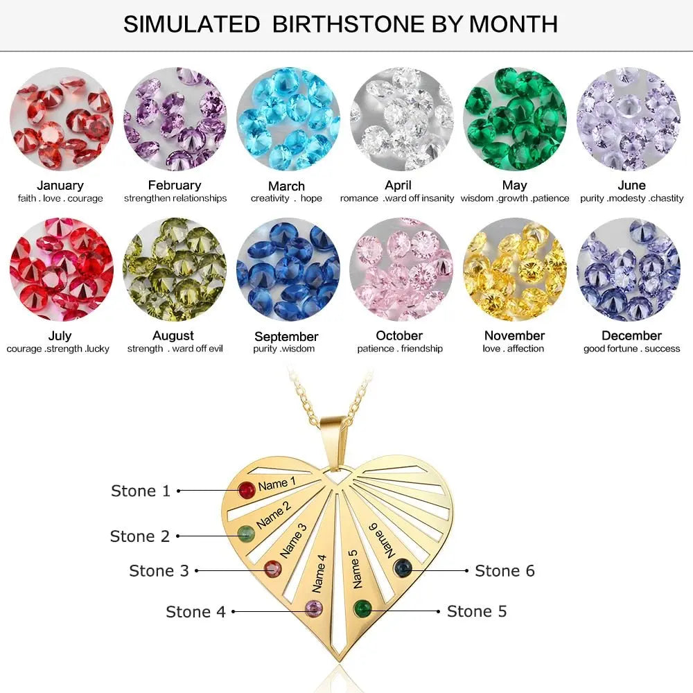 Personalized 6 Birthstones Necklaces for Women Custom Name Heart Stainless Steel Pendant - Blade & Thread