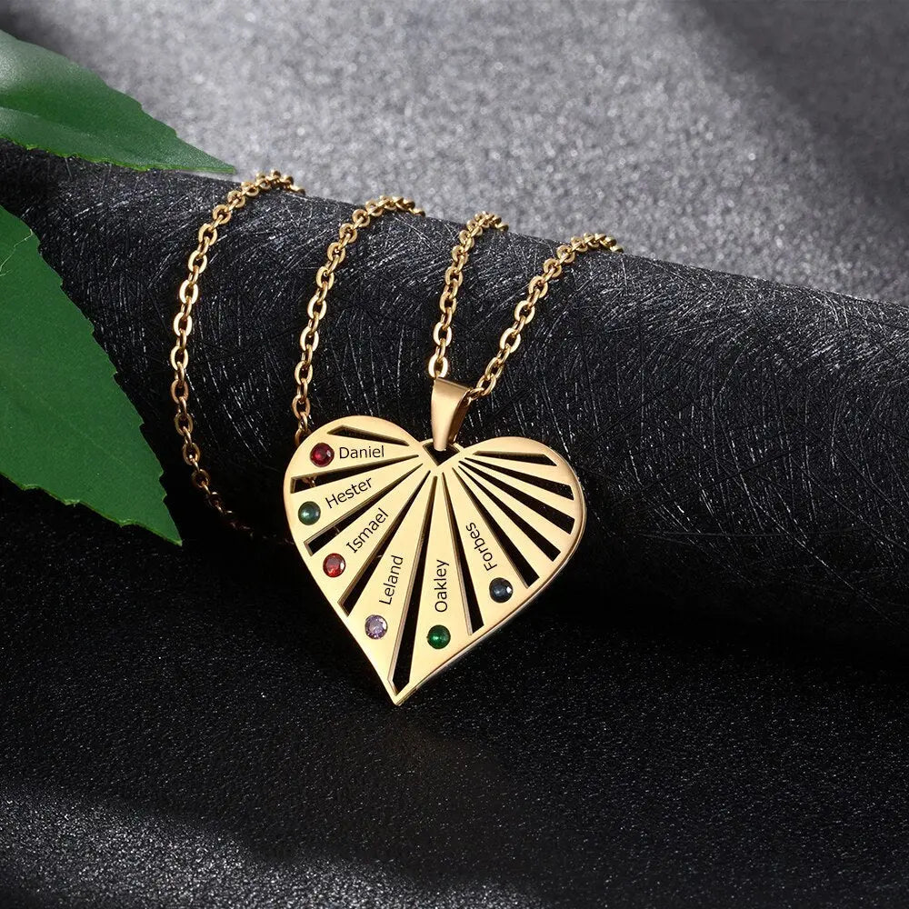 Personalized 6 Birthstones Necklaces for Women Custom Name Heart Stainless Steel Pendant - Blade & Thread