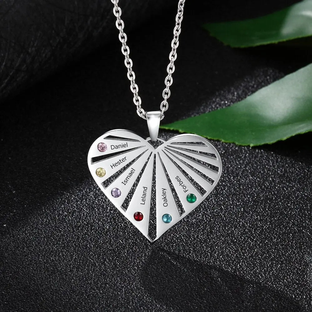 Personalized 6 Birthstones Necklaces for Women Custom Name Heart Stainless Steel Pendant - Blade & Thread