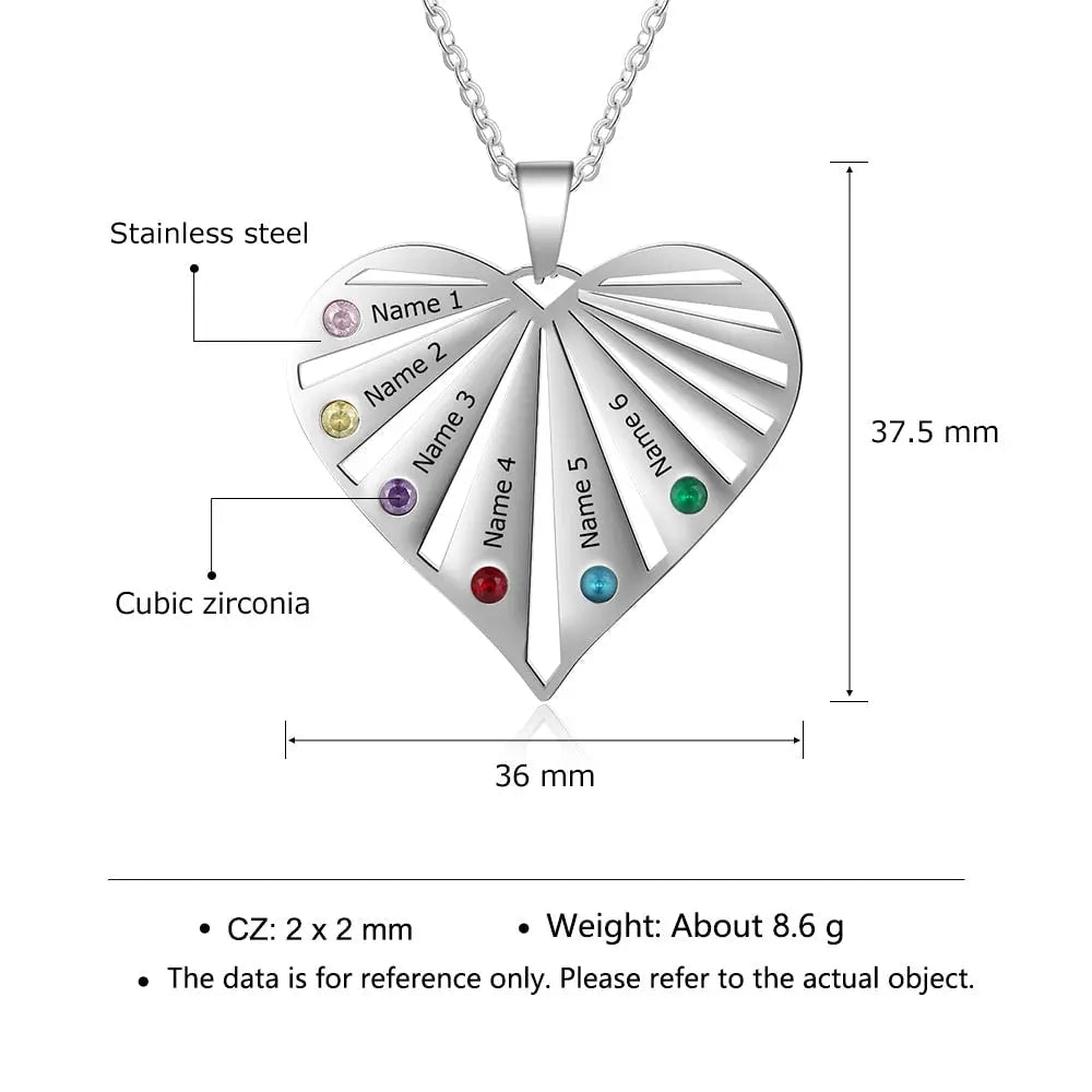 Personalized 6 Birthstones Necklaces for Women Custom Name Heart Stainless Steel Pendant - Blade & Thread