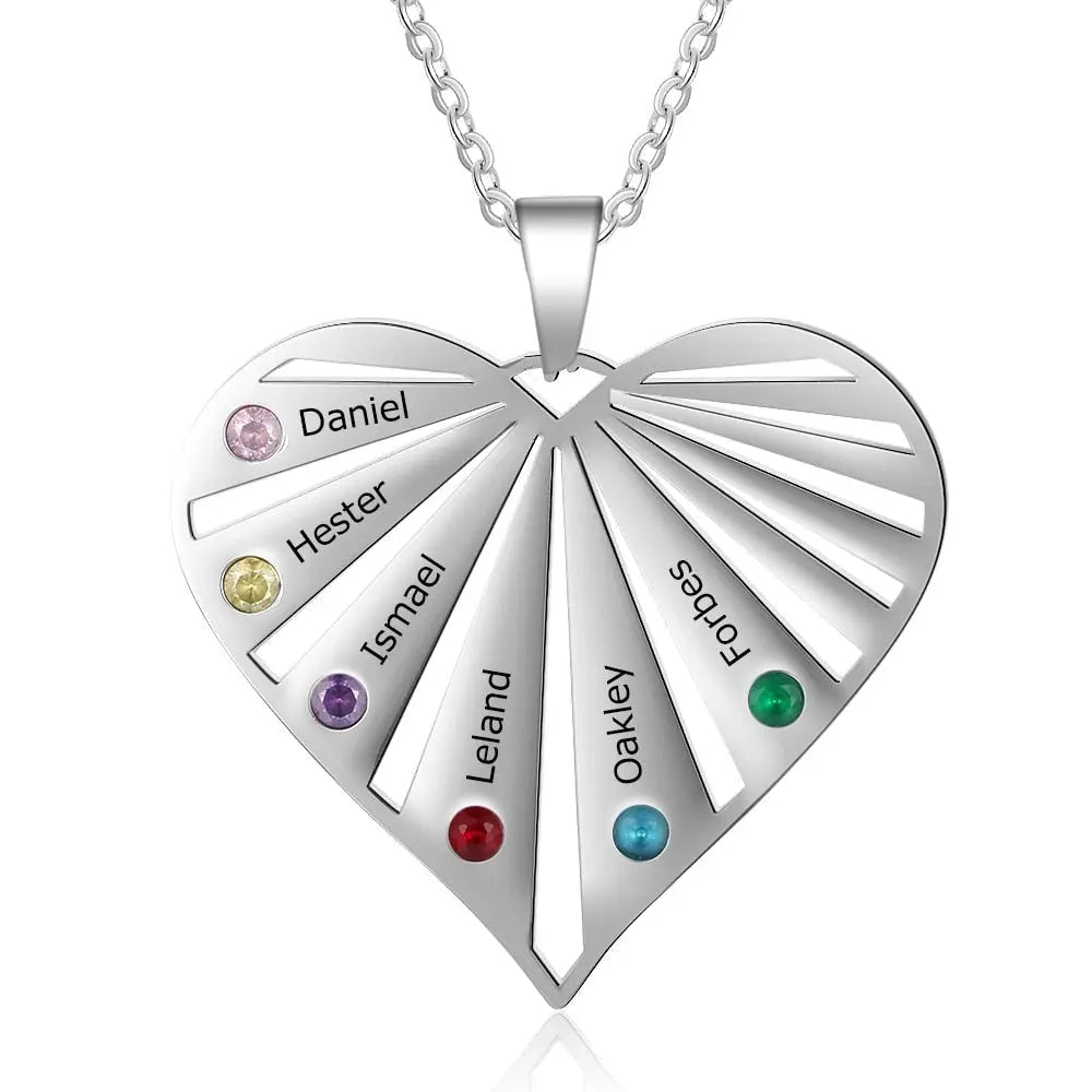 Personalized 6 Birthstones Necklaces for Women Custom Name Heart Stainless Steel Pendant - Blade & Thread