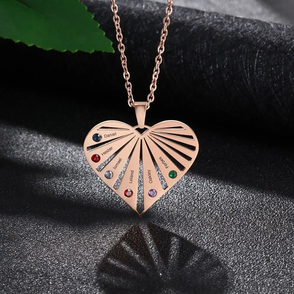Personalized 6 Birthstones Necklaces for Women Custom Name Heart Stainless Steel Pendant - Blade & Thread