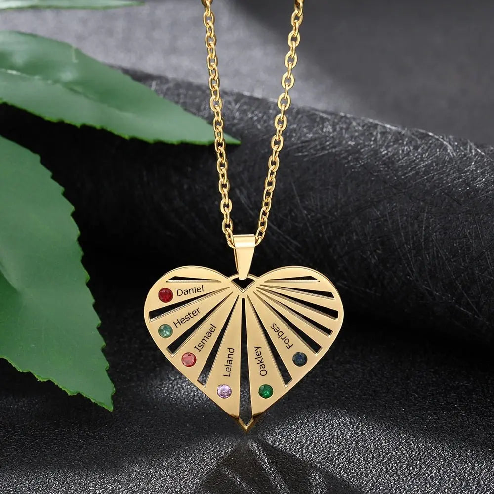 Personalized 6 Birthstones Necklaces for Women Custom Name Heart Stainless Steel Pendant - Blade & Thread