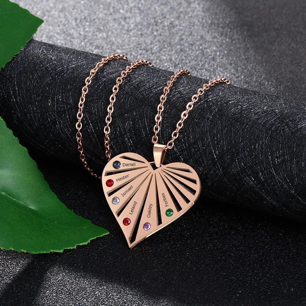 Personalized 6 Birthstones Necklaces for Women Custom Name Heart Stainless Steel Pendant - Blade & Thread