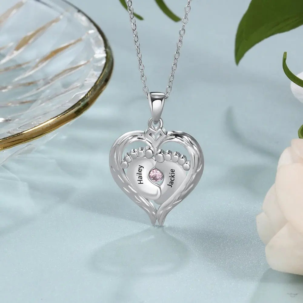 Personalized Baby Feet Necklace with Birthstone Heart Pendant - Blade & Thread