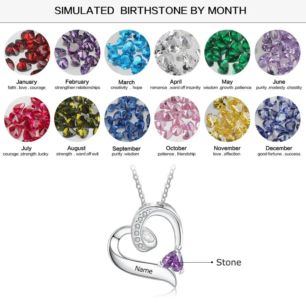 Personalized Birthstone Custom Engrave Name Necklace Heart Pendants - Blade & Thread