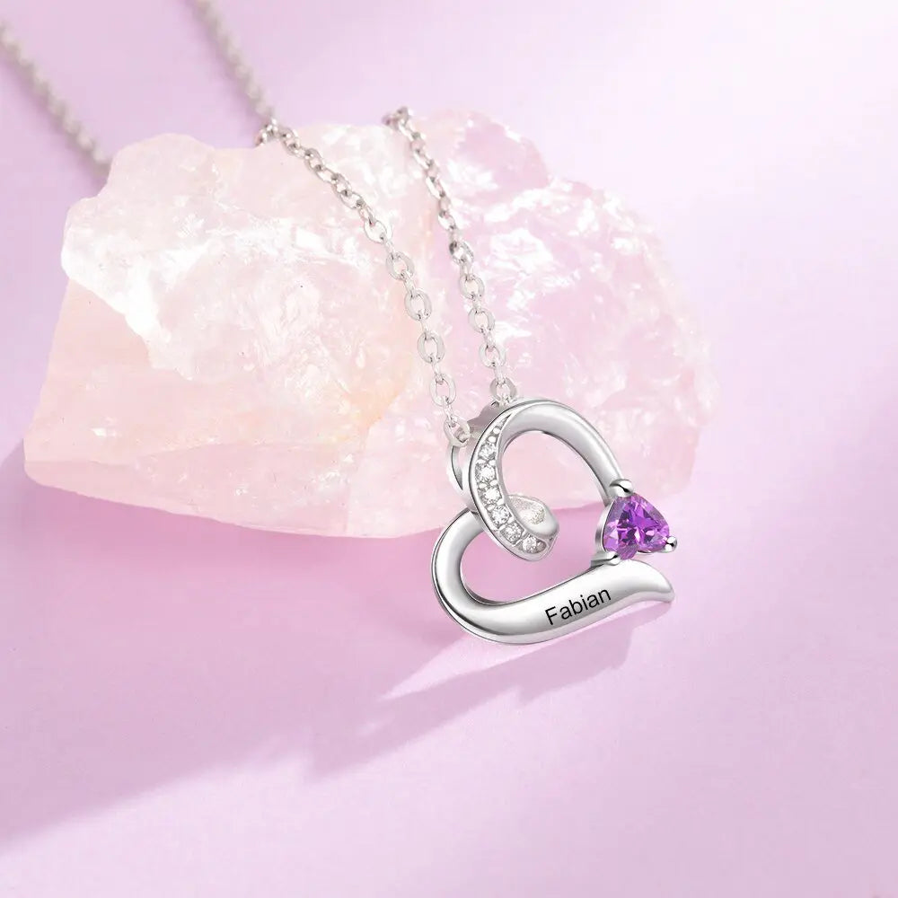 Personalized Birthstone Custom Engrave Name Necklace Heart Pendants - Blade & Thread