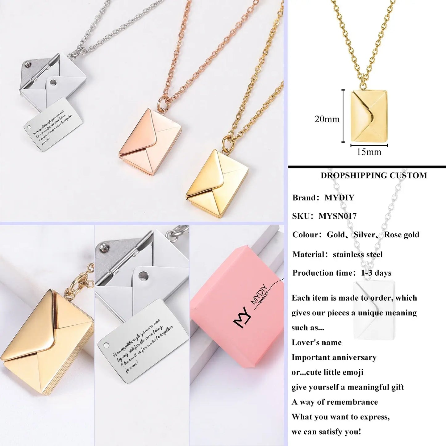 Personalized Custom Envelope Custom Photo Engraved Name Necklace Pendant - Blade & Thread